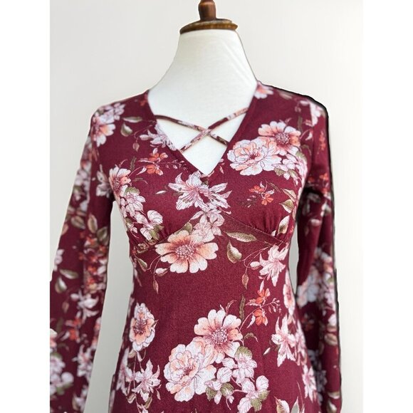 PLANET GOLD Women's Red Zinfandel Floral Long Sleeve Dress Size M Crisscross V-N - Picture 13 of 14